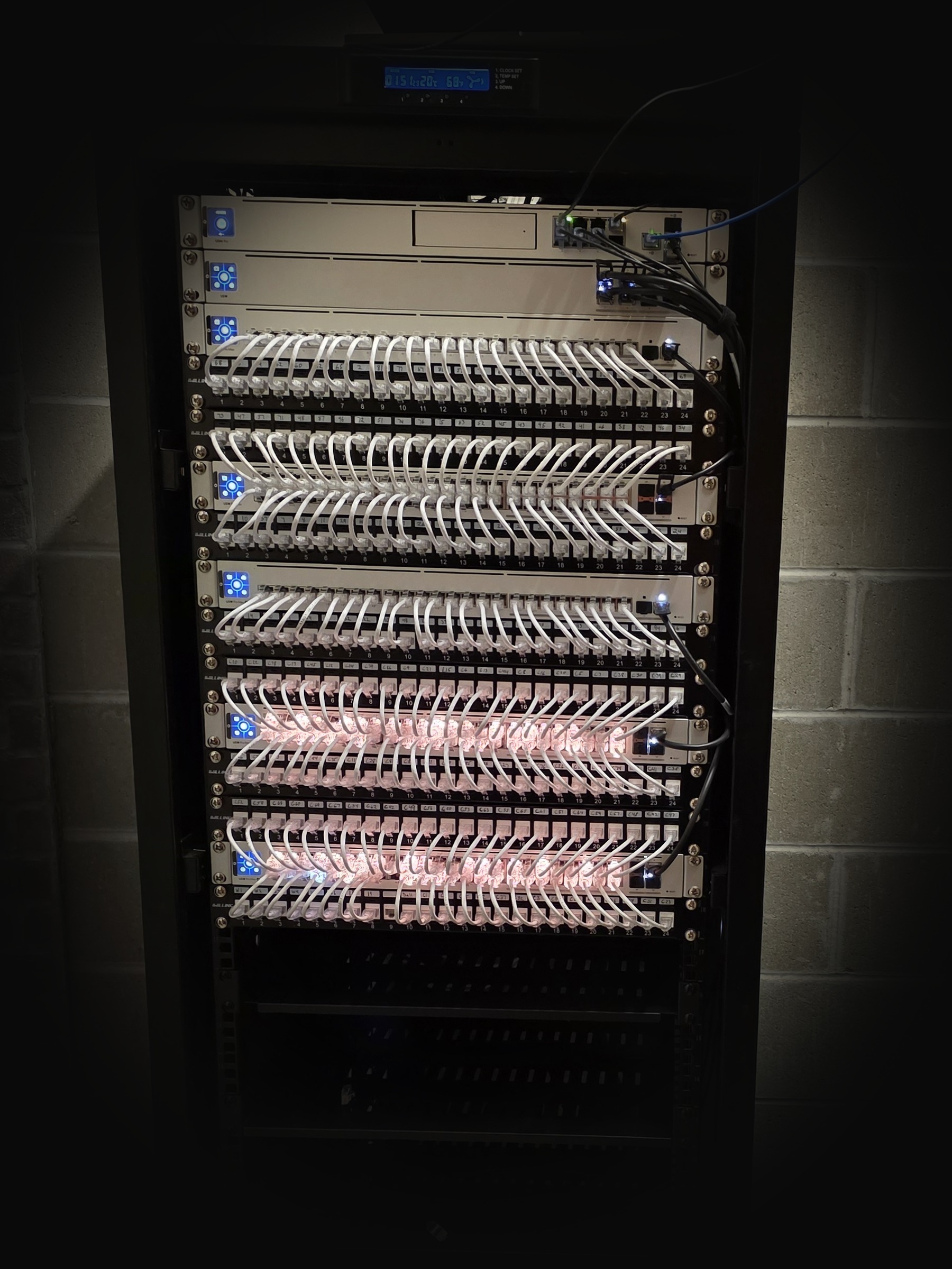 Dressed UniFi rack installed on a commercial job