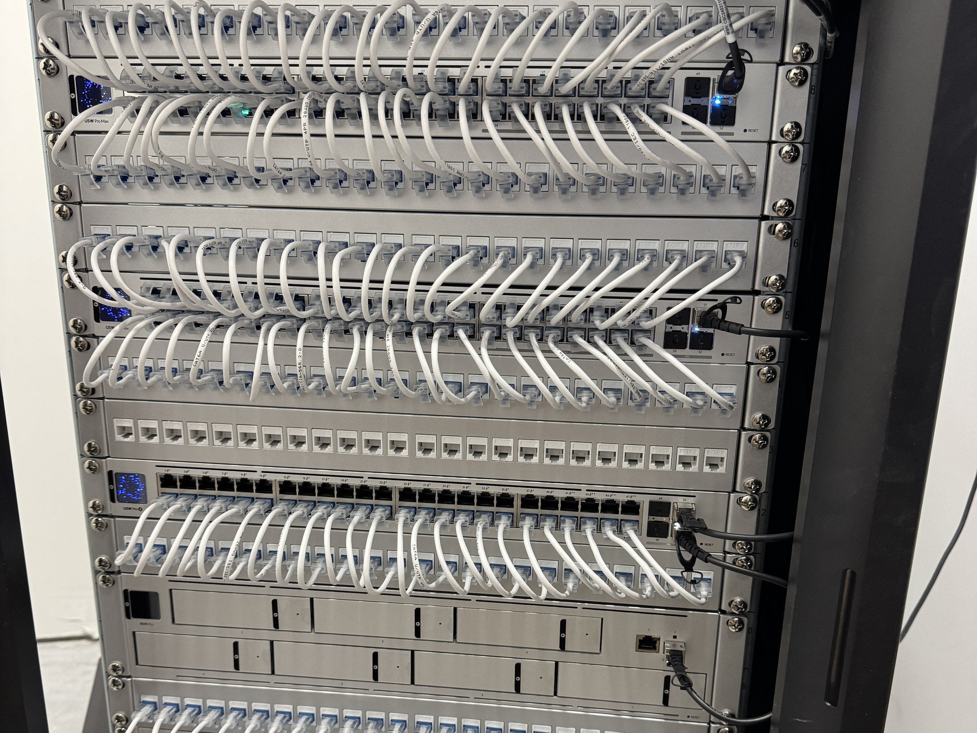 Black rack, white patches, Dell at bottom